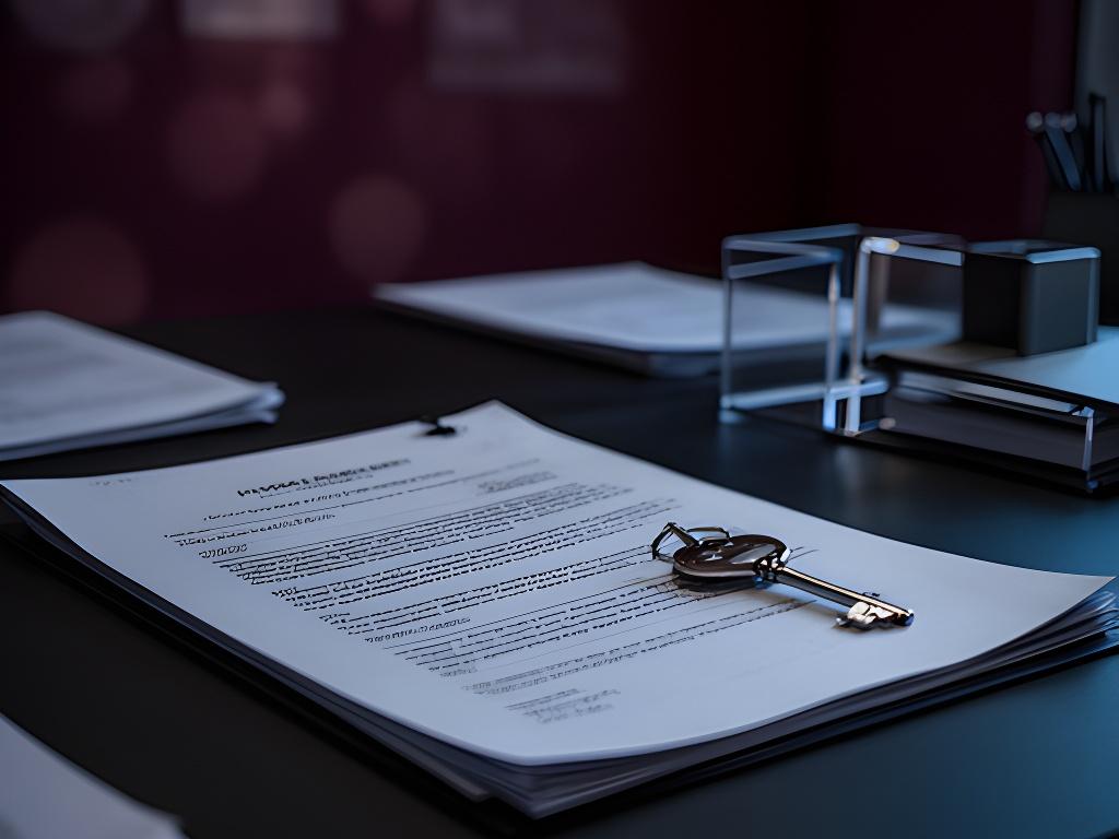 Contrato de arrendamiento y llave de un local sobre una mesa oscura con luz azul tenue